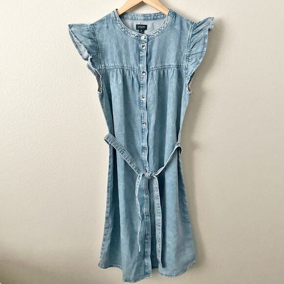 J. CREW | NWT Ruffle-sleeve Denim Mini Dress Cap Button Front Belt | Size 8 - Picture 2 of 8